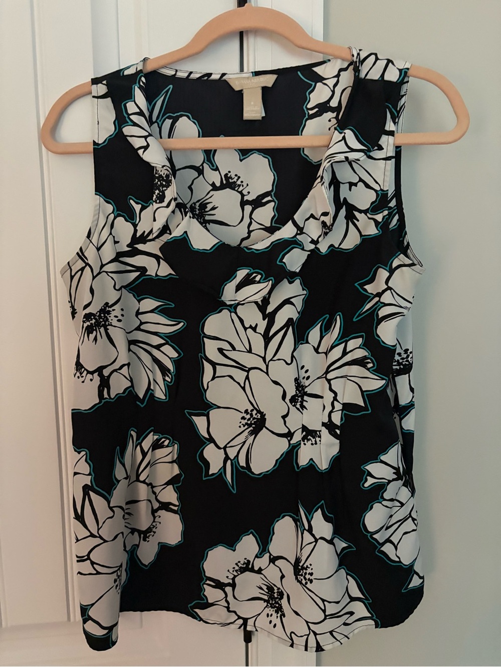 Banana Republic Black Floral Cowl-Neck Tank with White & Teal Accents Sz8